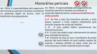 Honorários periciais
Art. 790-B. A responsabilidade pelo pagamento
dos honorários periciais é da parte sucumbente
na pretensão objeto da perícia, salvo se
beneficiária de justiça gratuita.
Art. 790-B. A responsabilidade pelo pagamento dos
honorários periciais é da parte sucumbente na
pretensão objeto da perícia, ainda que beneficiária da
justiça gratuita.
-----
§ 1º Ao fixar o valor dos honorários periciais, o juízo
deverá respeitar o limite máximo estabelecido pelo
Conselho Superior da Justiça do Trabalho.
§ 2º O juízo poderá deferir parcelamento dos
honorários periciais.
§ 3º O juízo não poderá exigir adiantamento de valores
para realização de perícias.
§ 4º Somente no caso em que o beneficiário da justiça
gratuita não tenha obtido em juízo créditos capazes de
suportar a despesa referida no caput, ainda que em
outro processo, a União responderá pelo encargo.
 