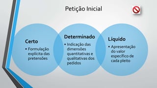 Petição Inicial
Certo
• Formulação
explícita das
pretensões
Determinado
• Indicação das
dimensões
quantitativas e
qualitativas dos
pedidos
Líquido
• Apresentação
do valor
específico de
cada pleito
 