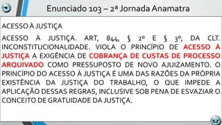 Enunciado 103 – 2ª Jornada Anamatra
ACESSO À JUSTIÇA
ACESSO À JUSTIÇA. ART, 844, § 2º E § 3º, DA CLT.
INCONSTITUCIONALIDADE. VIOLA O PRINCÍPIO DE ACESSO À
JUSTIÇA A EXIGÊNCIA DE COBRANÇA DE CUSTAS DE PROCESSO
ARQUIVADO COMO PRESSUPOSTO DE NOVO AJUIZAMENTO. O
PRINCÍPIO DO ACESSO À JUSTIÇA É UMA DAS RAZÕES DA PRÓPRIA
EXISTÊNCIA DA JUSTIÇA DO TRABALHO, O QUE IMPEDE A
APLICAÇÃO DESSAS REGRAS, INCLUSIVE SOB PENA DE ESVAZIAR O
CONCEITO DE GRATUIDADE DA JUSTIÇA.
 