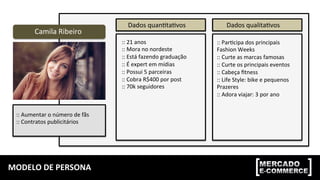 MODELO	
  DE	
  PERSONA	
  
Camila	
  Ribeiro	
  
Dados	
  quan;ta;vos	
   Dados	
  qualita;vos	
  
::	
  Aumentar	
  o	
  número	
  de	
  fãs	
  
::	
  Contratos	
  publicitários	
  
::	
  21	
  anos	
  
::	
  Mora	
  no	
  nordeste	
  
::	
  Está	
  fazendo	
  graduação	
  
::	
  É	
  expert	
  em	
  mídias	
  
::	
  Possui	
  5	
  parceiras	
  
::	
  Cobra	
  R$400	
  por	
  post	
  
::	
  70k	
  seguidores	
  
::	
  Par;cipa	
  dos	
  principais	
  
Fashion	
  Weeks	
  
::	
  Curte	
  as	
  marcas	
  famosas	
  
::	
  Curte	
  os	
  principais	
  eventos	
  
::	
  Cabeça	
  ﬁtness	
  
::	
  Life	
  Style:	
  bike	
  e	
  pequenos	
  
Prazeres	
  
::	
  Adora	
  viajar:	
  3	
  por	
  ano	
  	
  
 