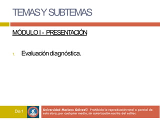 TEMASYSUBTEMAS
Día1
MÓDULOI - PRESENTACIÓN
1. Evaluacióndiagnóstica.
 
