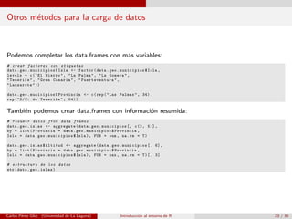 Otros m´etodos para la carga de datos
Podemos completar los data.frames con m´as variables:
# crear factores con etiquetas
data.geo.municipios$Isla <- factor(data.geo.municipios$Isla ,
levels = c("El Hierro", "La Palma", "La Gomera",
"Tenerife", "Gran Canaria", " Fuerteventura ",
"Lanzarote"))
data.geo.municipios$Provincia <- c(rep("Las Palmas", 34),
rep("S/C. de Tenerife", 54))
Tambi´en podemos crear data.frames con informaci´on resumida:
# resumir datos from data frames
data.geo.islas <- aggregate(data.geo.municipios[, c(3, 5)],
by = list(Provincia = data.geo.municipios$Provincia ,
Isla = data.geo.municipios$Isla), FUN = sum , na.rm = T)
data.geo.islas$Altitud <- aggregate(data.geo.municipios[, 6],
by = list(Provincia = data.geo.municipios$Provincia ,
Isla = data.geo.municipios$Isla), FUN = max , na.rm = T)[, 3]
# estructura de los datos
str(data.geo.islas)
Carlos P´erez Glez. (Universidad de La Laguna) Introducci´on al entorno de R 23 / 36
 
