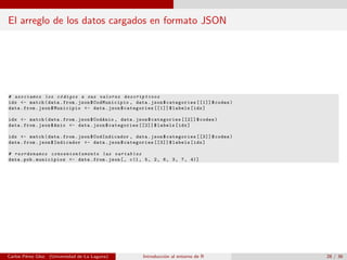 El arreglo de los datos cargados en formato JSON
# asociamos los c´odigos a sus valores descriptivos
idx <- match(data.from.json$CodMunicipio , data.json$categories [[1]]$codes)
data.from.json$Municipio <- data.json$categories [[1]]$labels[idx]
idx <- match(data.from.json$CodAnio , data.json$categories [[2]]$codes)
data.from.json$Anio <- data.json$categories [[2]]$labels[idx]
idx <- match(data.from.json$CodIndicador , data.json$categories [[3]]$codes)
data.from.json$Indicador <- data.json$categories [[3]]$labels[idx]
# reordenamos convenientemente las variables
data.pob.municipios <- data.from.json[, c(1, 5, 2, 6, 3, 7, 4)]
Carlos P´erez Glez. (Universidad de La Laguna) Introducci´on al entorno de R 28 / 36
 
