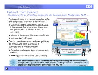 IBM Software


Rational Team Concert
Planejamento de Projetos, Execução de Tarefas, Ger. Mudanças, ALM, ...
 Reduza atrasos e erros com colaboração                                   Utilize templates de projeto ágil e/ou
 em tempo real e “dentro do contexto”                                              planejamento formal

                                                                                                                Formal
    Construído sobre a plataforma aberta Jazz -            Ágil

   integração de forma transparente entre as
   disciplinas de todo o clico de vida da
   aplicação                                                                                                    Ger. de Riscos

   Mesma solução para diferentes plataformas
   Interface Web e Eclipse
 Conduza os times nas melhores práticas                     Requisitos                                              Mudança &
                                                                            Build                                  Configuração
 de processos para aumentar a                                                          Ger Ativos   Qualidade


 consistência e previsibilidade
                                                                         Stakeholders de desenv. e operações
   Suporta metodologias ágeis e formais (e/ou                             chegam em um consenso de forma
   híbrida)                                                                         rápida e fácil


   ALM (Application Lifecycle Management)

                48% das companhias estão utilizando metodologias híbridas para desenvolvimento
                múltiplo, 20% ágil, 12% iterativo e 11% cascata . Todos poderiam se beneficiar com a
                capacidade de planejamento combinado com RTC 3.0.                        Fonte: IBM

 Innovation for a smarter planet                                                                                                  11
 