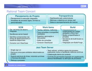 IBM Software


Rational Team Concert
             Planejamento de Projeto                                     Transparência
    Planejamento e execução integrados                    Dashboards web customizáveis
    Templates de processo ágeis, formais ou               Métricas e relatórios em tempo real
    personalizados                                        Status e acompanhamento de marcos


                   SCM                          Work Items                            Build
   Ger. de linhas de desenv.             Tarefas, defeitos, melhorias,      Rastreabilidade de
   Integrado                                                                modificações em código,
                                         Faça consultas e compartilhe       atrelados a Work item
   Sandboxes server-based                resultados
                                                                            Builds compartilhados e
   Identifica componentes nas            Suporte a aprovação e              privados
   linhas de desenvolvimento e           discussões
                                                                            Servidores de build locais ou
   baselines disponíveis                 Editor de consultas                remotos
   Conector com ClearCase                Conector ClearQuest                Integração com Build Forge


                                       Jazz Team Server
    Single sign-on                                     Team advisor: enfatiza regras de processo,
    Estrutura única para artefatos relacionados ao     explicando motivo e facilitando melhoria contínua
    projeto                                            Colaboração dentro do contexto
    Suporta estrutura de times, incluindo sut-times    Controle de permissões baseado em papéis/perfis
    e herança de projeto                               oferece flexibilidade na definição de processos
    Reforça o processo

 Innovation for a smarter planet
 