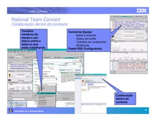 IBM Software


Rational Team Concert
Colaboração dentro do contexto
        Visualize                  Central da Equipe
        membros da                      -News & eventos
        equipe e seu                    -Status de builds
        status online e                 -Trabalho em andamento
        saiba no que                    -Mudanças
        estão trabalhando          Feeds RSS Configuráveis




                                                                 Colaboração
                                                                 dentro do
                                                                 contexto

                                                                               15
 Innovation for a smarter planet
 