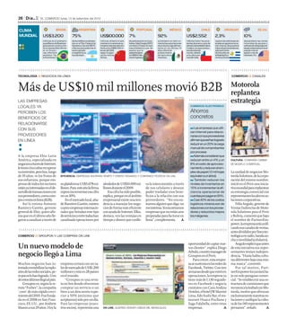 26   l          l   EL COMERCIO lunes 13 de setiembre del 2010



clima                              Brasil                argentina                            china                Portugal                        méxico                           chile                   uruguay                            ee.uu.
mundial              US$3.200                       75%                          US$100.000                    7%                           92%                         US$2.552                         2,3%                          10%
                     millones es el préstamo        de los créditos contempla-   millones atraerá el país      de participación en la pe-   aumentaron en valor co-     millones fueron los exce-        cayeron las solicitudes de    descendieron las ventas
                     que el Banco do Brasil otor-   dos en el Plan Federal de    oriental en inversiones ex-   trolera Galp Energía SGPZ    mercial las exportaciones   dentes de enero a junio de       empleo en agosto en la na-    minoristas de equipos y
                     gará para la construcción      Ganados y Carne (US$101      tranjeras directas este año   venderá a finales de este    de productos agroalimen-    este año de la estatal chilena   ción charrúa, de acuerdo al   software de videojuegos en
                     de la represa Belo Monte       millones para potenciar el   frente a los US$90.030 mi-    mes el Gobierno Luso. Se     tarios en los últimos 10    Codelco, la mayor produc-        índice de demanda laboral,    el país norteamericano en el
                     en el Amazo-                   sector ganade-               llones del 2009,              espera que la                años, informó el            tora de cobre del                estima el Centro              pasado mes de
                     nas, informó el                ro argentino) ya             según la agen-                operación gene-              subsecretario               mundo, debido                    de Estudios de                agosto y las de
                     periódico “Va-                 fue solicitado.              cia de noticias               re US$925 millo-             de Agricultura              a los altos pre-                 la Realidad Eco-              hardware, 5%.
                     lor Econômico”.                                             Xinhua.                       nes en ingresos.             mexicano.                   cios del metal.                  nómica y Social.




tecnología:: nEGoCioS En LínEA                                                                                                                                                                                           comercio:: CAnALES



Más de US$10 mil millones movió B2B                                                                                                                                                                                       Motorola
                                                                                                                                                                                                                          replantea
                                                                                                                                                                                                                          estrategia
                                                                                                                                                              reuters
lAs empresAs
locAles yA                                                                                                                                                                   comercioelectrónico

perciben los                                                                                                                                                                 Ahorros                                                                      Archivo



beneficios de                                                                                                                                                                concretos
relAcionArse
con sus                                                                                                                                                                          Las empresas que utili-




.
                                                                                                                                                                             zan internet para relacio-
proveedores


.
                                                                                                                                                                             narse con sus proveedores
en líneA                                                                                                                                                                     afirman que así han logrado
                                                                                                                                                                             reducir en un 20% la carga
                                                                                                                                                                             manual de comprobantes
                                                                                                                                                                             por procesar.
A la empresa Ebiz Latin                                                                                                                                                         Además consideran que
América, especializada en                                                                                                                                                    reducen entre un 4% y un                     cultura. compAñíA cAmbiA
negocios a través de Internet,                                                                                                                                               8% el costo de aprovisio-                    de modelo comerciAl.
le tomó cinco años recuperar                                                                                                                                                 namiento y reducen el em-
su inversión, pero hoy, luego                                                                                                                                                pleo de papel (12 mil hojas                  La unidad de negocios Mo-
de 10 años, ve los frutos de             eficiencia. empresAs AhorrAn tiempo y dinero pAgAndo y cobrAndo pedidos on line.                                                    equivalen a un árbol).                       torola Solutions, de la corpo-
sus esfuerzos, porque em-                                                                                                                                                        También reducen los                      ración del mismo nombre,
presas de todos los sectores             su plataforma US$5.678 mi-                  alrededor de US$10.000 mi-                  va la interconexión a través                niveles de inventarios en                    inició en el Perú una inicia-
están ya interesadas en el de-           llones. Para este año la firma              llones durante el 2009.                     de sus celulares y desean                   15% e incrementan la efi-                    tiva mundial para replantear
sarrollo de transacciones con            espera incrementar esa cifra                    Esa cifra ha sido posible,              poder trasladar esos bene-                  ciencia operacional de                       su estrategia comercial con
sus proveedores, como com-               en un 30%.                                  explica, porque en el ámbito                ficios a la relación con sus                cuentas por pagar en 20%.                    representantes locales en so-
pra o venta en línea (B2B).                  En el mercado local, aña-               empresarial existe una ten-                 proveedores. “No encon-                        Casi 40% de los costos                    luciones corporativas.
    Así lo estima Antonio                de Ramírez-Gastón, existen                  dencia a manejar los nego-                  tramos alguien que diga: no                 logísticos mineros son de                        Félix Angulo, gerente de
Ramírez-Gastón, gerente                  cuatro empresas internacio-                 cios de forma más eficiente                 me interesa. Sí encontramos                 relaciones con los provee-                   Ventas Indirectas de Moto-
general de Ebiz, quien afir-             nales que brindan este tipo                 con ayuda de Internet. Ellos,               empresas que no están aún                   dores y reducirlos mejora                    rola Solutions para el Perú
ma que en el último año lle-             de servicios y entre todas han              destaca, ven las ventajas en                preparadas para facturar en                 los márgenes.                                y Bolivia, comentó que bajo
garon a canalizar a través de            canalizado operaciones por                  tiempo y dinero que conlle-                 línea”, complementa.                                                                     el nombre de PartnerEm-
                                                                                                                                                                                                                          power, la empresa está unifi-
                                                                                                                                                                                                                          cando sus canales de ventas,
                                                                                                                                                                                                                          antes divididos por línea tec-
comercio:: GRoUPon y LAS CoMPRAS on LinE                                                                                                                                                                                 nológica en radio, banda an-
                                                                                                                                                                                                                          cha y movilidad (celulares).

Un nuevo modelo de                                                                                                                                                          oportunidad de captar nue-
                                                                                                                                                                            vos clientes”, explica Diego
                                                                                                                                                                                                                              Angulo explicó que antes
                                                                                                                                                                                                                          de esta iniciativa sus repre-

negocio llegó a Lima                                                                                                                                                        Arbulú, country manager de
                                                                                                                                                                            Groupon en el Perú.
                                                                                                                                                                                                                          sentantes tenían indepen-
                                                                                                                                                                                                                          dencia. “Hasta había cultu-
                                                                                                                                                                                Para crecer, esta empre-                  ras diferentes bajo una mis-
Muchos negocios han in-                  empresa cerrará con un va-                                                                                                         sa se sustenta en las redes de                ma marca”, comentó.
tentado rentabilizar la explo-           lor de mercado de US$1.200                                                                                                         Facebook, Twitter. Con tres                       Por tal motivo, Part-
sión de las redes sociales, pe-          millones y está en 28 países                                                                                                       semanas desde que entró en                    nerEmpower los juntará ba-
ro pocos lo han logrado. Uno             en el mundo.                                                                                                                       operaciones, la empresa ya                    jo un solo paraguas comer-
de estos últimos llegó al país.              “Groupon es una revis-                                                                                                         tiene más de 1.130 seguido-                   cial. “Se establecerá una es-
    Groupon es, según la re-             ta on line donde ofrecemos                                                                                                         res en Facebook y negocia                     tructura de comisiones que
vista “Forbes”, la compañía              comprar un servicio o un                                                                                                           contratos con Casa Andina                     reconozca la lealtad con Mo-
‘.com’ de más rápido creci-              bien a un descuento supe-                                                                                                          Hoteles, el hotel JW Marriot                  torola, motive que ofrezcan
miento del 2010. Fue funda-              rior a 50% (mínimo que                                                                                                             Lima, Edo Sushi Bar, el res-                  exclusivamente nuestras so-
da en el 2008 en San Fran-               aceptamos) solo por un día.                                                                                                        taurant Huaca Pucllana y                      luciones y unifique la cultu-
cisco, EE.UU., por Andrew                Para las empresas (nues-                                                                                                           Saga Falabella, entre otras                   ra de los 140 representantes
Mason a sus 29 años. Hoy la              tros socios), representa una                online. quieren vender us$500 mil mensuAles.                                          empresas.                                     peruanos”. señaló.
 