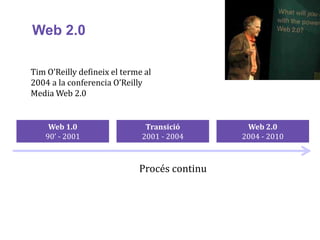 Web 2.0

Tim O’Reilly defineix el terme al
2004 a la conferencia O’Reilly
Media Web 2.0


     Web 1.0                   Transició       Web 2.0
    90’ - 2001                2001 - 2004     2004 - 2010



                             Procés continu
 