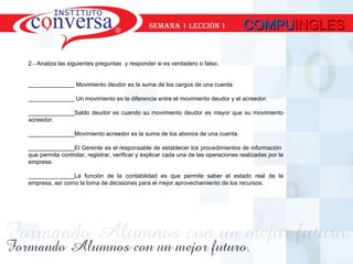 2.- Analiza las siguientes preguntas  y responder si es verdadero o falso. ______________ Movimiento deudor es la suma de los cargos de una cuenta. ______________ Un movimiento es la diferencia entre el movimiento deudor y el acreedor.  ______________Saldo deudor es cuando su movimiento deudor es mayor que su movimiento acreedor. ______________Movimiento acreedor es la suma de los abonos de una cuenta. ______________El Gerente es el  responsable de establecer los procedimientos de información  que permita controlar, registrar, verificar y explicar cada una de las operaciones realizadas por la empresa. ______________La función de la contabilidad es que permite saber el estado real de la empresa, así como la toma de decisiones para el mejor aprovechamiento de los recursos. COMPU INGLES semana 1 lección 1 