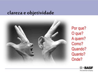 clareza e objetividade
Por que?
O que?
A quem?
Como?
Quando?
Quanto?
Onde?
 