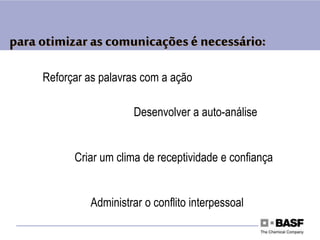 Reforçar as palavras com a ação
Desenvolver a auto-análise
Criar um clima de receptividade e confiança
Administrar o conflito interpessoal
para otimizar as comunicaçõesé necessário:
 