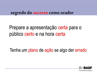 segredo do sucesso como orador
Prepare a apresentação certa para o
público certo e na hora certa
Tenha um plano de ação se algo der errado
 