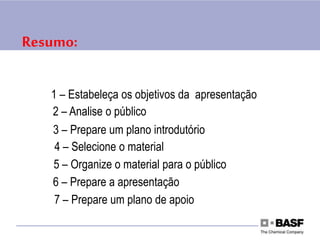 Resumo:
1 – Estabeleça os objetivos da apresentação
2 – Analise o público
3 – Prepare um plano introdutório
4 – Selecione o material
5 – Organize o material para o público
6 – Prepare a apresentação
7 – Prepare um plano de apoio
 