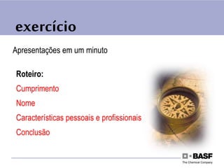 exercício
Apresentações em um minuto
Roteiro:
Cumprimento
Nome
Características pessoais e profissionais
Conclusão
 