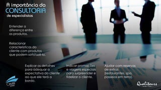 Entender a
diferença entre
os produtos.
Relacionar
características do
cliente com produtos
que podem satisfazê-lo.
Ajudar com reservas
de extras
(restaurantes, spa,
passeios em terra).
Explicar os detalhes
para adequar a
expectativa do cliente
ao que ele terá a
bordo.
Indicar promoções
e viagens especiais
para surpreender e
fidelizar o cliente.
 