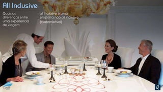 All Inclusive
Quais as
diferenças entre
uma experiencia
de viagem
all inclusive e uma
proposta não all inclusive
(customizável)
 