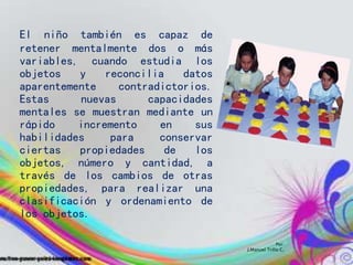 Por:
J.Manuel Trillo C.
El niño también es capaz de
retener mentalmente dos o más
variables, cuando estudia los
objetos y reconcilia datos
aparentemente contradictorios.
Estas nuevas capacidades
mentales se muestran mediante un
rápido incremento en sus
habilidades para conservar
ciertas propiedades de los
objetos, número y cantidad, a
través de los cambios de otras
propiedades, para realizar una
clasificación y ordenamiento de
los objetos.
 