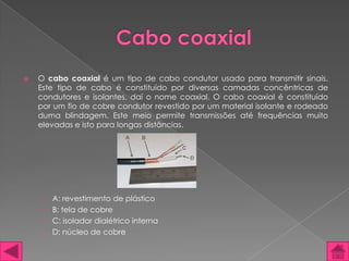    O cabo coaxial é um tipo de cabo condutor usado para transmitir sinais.
    Este tipo de cabo é constituído por diversas camadas concêntricas de
    condutores e isolantes, daí o nome coaxial. O cabo coaxial é constituído
    por um fio de cobre condutor revestido por um material isolante e rodeado
    duma blindagem. Este meio permite transmissões até frequências muito
    elevadas e isto para longas distâncias.




    › A: revestimento de plástico
    › B: tela de cobre
    › C: isolador dialétrico interna
    › D: núcleo de cobre
 