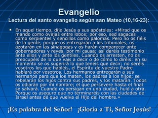 Evangelio
Lectura del santo evangelio según san Mateo (10,16-23):
   En aquel tiempo, dijo Jesús a sus apóstoles: «Mirad que os
    mando como ovejas entre lobos; por eso, sed sagaces
    como serpientes y sencillos como palomas. Pero no os fiéis
    de la gente, porque os entregarán a los tribunales, os
    azotarán en las sinagogas y os harán comparecer ante
    gobernadores y reyes, por mi causa; así daréis testimonio
    ante ellos y ante los gentiles. Cuando os arresten, no os
    preocupéis de lo que vais a decir o de cómo lo diréis: en su
    momento se os sugerirá lo que tenéis que decir; no seréis
    vosotros los que habléis, el Espíritu de vuestro Padre
    hablará por vosotros. Los hermanos entregarán a sus
    hermanos para que los maten, los padres a los hijos; se
    rebelarán los hijos contra sus padres, y los matarán. Todos
    os odiarán por mi nombre; el que persevere hasta el final
    se salvará. Cuando os persigan en una ciudad, huid a otra.
    Porque os aseguro que no terminaréis con las ciudades de
    Israel antes de que vuelva el Hijo del hombre.»

¡Es palabra del Señor! ¡Gloria a Ti, Señor Jesús!
 