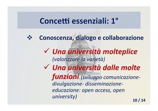 Conce*	
  essenziali:	
  1°	
  
  Conoscenza,	
  dialogo	
  e	
  collaborazione	
  
 Una	
  università	
  molteplice	
  
(valorizzare	
  la	
  varietà)	
  
 Una	
  università	
  dalle	
  molte	
  
funzioni	
  (sviluppo	
  comunicazione-­‐
divulgazione-­‐	
  disseminazione-­‐
educazione:	
  open	
  access,	
  open	
  
university)	
  
10	
  /	
  14	
  
 