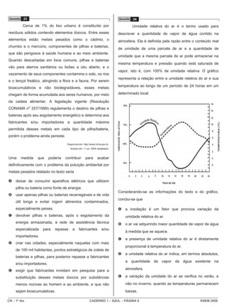 Questão 23                                                                  Questão 24

          Cerca de 1% do lixo urbano é constituído por                               Umidade relativa do ar é o termo usado para
resíduos sólidos contendo elementos tóxicos. Entre esses                     descrever a quantidade de vapor de água contido na
elementos estão metais pesados como o cádmio, o                              atmosfera. Ela é definida pela razão entre o conteúdo real
chumbo e o mercúrio, componentes de pilhas e baterias,
                                                                             de umidade de uma parcela de ar e a quantidade de
que são perigosos à saúde humana e ao meio ambiente.
                                                                             umidade que a mesma parcela de ar pode armazenar na
Quando descartadas em lixos comuns, pilhas e baterias
                                                                             mesma temperatura e pressão quando está saturada de
vão para aterros sanitários ou lixões a céu aberto, e o
                                                                             vapor, isto é, com 100% de umidade relativa. O gráfico
vazamento de seus componentes contamina o solo, os rios
                                                                             representa a relação entre a umidade relativa do ar e sua
e o lençol freático, atingindo a flora e a fauna. Por serem
bioacumulativos e não biodegradáveis, esses metais                           temperatura ao longo de um período de 24 horas em um

chegam de forma acumulada aos seres humanos, por meio                        determinado local.

da cadeia alimentar. A legislação vigente (Resolução
CONAMA no 257/1999) regulamenta o destino de pilhas e
baterias após seu esgotamento energético e determina aos
fabricantes e/ou importadores a quantidade máxima
permitida desses metais em cada tipo de pilha/bateria,
porém o problema ainda persiste.

                                     Disponível em: http://www.mma.gov.br.
                                       Acesso em: 11 jul. 2009 (adaptado).



Uma     medida   que      poderia   contribuir       para      acabar
definitivamente com o problema da poluição ambiental por
metais pesados relatado no texto seria

A    deixar de consumir aparelhos elétricos que utilizem
     pilha ou bateria como fonte de energia.
                                                                             Considerando-se as informações do texto e do gráfico,
B    usar apenas pilhas ou baterias recarregáveis e de vida
                                                                             conclui-se que
     útil longa e evitar ingerir alimentos contaminados,
     especialmente peixes.                                                   A   a insolação é um fator que provoca variação da
C    devolver pilhas e baterias, após o esgotamento da                           umidade relativa do ar.
     energia armazenada, à rede de assistência técnica                       B   o ar vai adquirindo maior quantidade de vapor de água
     especializada   para    repasse     a     fabricantes         e/ou
                                                                                 à medida que se aquece.
     importadores.
                                                                             C   a presença de umidade relativa do ar é diretamente
D    criar nas cidades, especialmente naquelas com mais
                                                                                 proporcional à temperatura do ar.
     de 100 mil habitantes, pontos estratégicos de coleta de
                                                                             D   a umidade relativa do ar indica, em termos absolutos,
     baterias e pilhas, para posterior repasse a fabricantes
                                                                                 a quantidade de vapor de água existente na
     e/ou importadores.
E    exigir que fabricantes invistam em pesquisa para a                          atmosfera.

     substituição desses metais tóxicos por substâncias                      E   a variação da umidade do ar se verifica no verão, e

     menos nocivas ao homem e ao ambiente, e que não                             não no inverno, quando as temperaturas permanecem
     sejam bioacumulativas.                                                      baixas.

CN – 1º dia                                             CADERNO 1 – AZUL – PÁGINA 8                                         ENEM 2009
 