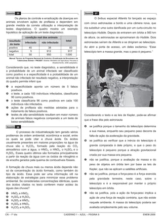 CN – 1º dia CADERNO 1 – AZUL – PÁGINA 9 ENEM 2009
Questão 25
Os planos de controle e erradicação de doenças em
animais envolvem ações de profilaxia e dependem em
grande medida da correta utilização e interpretação de
testes diagnósticos. O quadro mostra um exemplo
hipotético de aplicação de um teste diagnóstico.
condição real dos animais
resultado
do teste
infectado não infectado
total
positivo 45 38 83
negativo 5 912 917
total 50 950 1.000
Manual Técnico do Programa Nacional de Controle e Erradicação da Brucelose e da
Tuberculose Animal – PNCEBT. Brasília: Ministério da Agricultura, Pecuária e
Abastecimento, 2006 (adaptado).
Considerando que, no teste diagnóstico, a sensibilidade é
a probabilidade de um animal infectado ser classificado
como positivo e a especificidade é a probabilidade de um
animal não infectado ter resultado negativo, a interpretação
do quadro permite inferir que
A a especificidade aponta um número de 5 falsos
positivos.
B o teste, a cada 100 indivíduos infectados, classificaria
90 como positivos.
C o teste classificaria 96 como positivos em cada 100
indivíduos não infectados.
D ações de profilaxia são medidas adotadas para o
tratamento de falsos positivos.
E testes de alta sensibilidade resultam em maior número
de animais falsos negativos comparado a um teste de
baixa sensibilidade.
Questão 26
O processo de industrialização tem gerado sérios
problemas de ordem ambiental, econômica e social, entre
os quais se pode citar a chuva ácida. Os ácidos
usualmente presentes em maiores proporções na água da
chuva são o H2CO3, formado pela reação do CO2
atmosférico com a água, o HNO3, o HNO2, o H2SO4 e o
H2SO3. Esses quatro últimos são formados principalmente
a partir da reação da água com os óxidos de nitrogênio e
de enxofre gerados pela queima de combustíveis fósseis.
A formação de chuva mais ou menos ácida depende não
só da concentração do ácido formado, como também do
tipo de ácido. Essa pode ser uma informação útil na
elaboração de estratégias para minimizar esse problema
ambiental. Se consideradas concentrações idênticas, quais
dos ácidos citados no texto conferem maior acidez às
águas das chuvas?
A HNO3 e HNO2.
B H2SO4 e H2SO3.
C H2SO3 e HNO2.
D H2SO4 e HNO3.
E H2CO3 e H2SO3.
Questão 27
O ônibus espacial Atlantis foi lançado ao espaço
com cinco astronautas a bordo e uma câmera nova, que
iria substituir uma outra danificada por um curto-circuito no
telescópio Hubble. Depois de entrarem em órbita a 560 km
de altura, os astronautas se aproximaram do Hubble. Dois
astronautas saíram da Atlantis e se dirigiram ao telescópio.
Ao abrir a porta de acesso, um deles exclamou: “Esse
telescópio tem a massa grande, mas o peso é pequeno.”
Considerando o texto e as leis de Kepler, pode-se afirmar
que a frase dita pelo astronauta
A se justifica porque o tamanho do telescópio determina
a sua massa, enquanto seu pequeno peso decorre da
falta de ação da aceleração da gravidade.
B se justifica ao verificar que a inércia do telescópio é
grande comparada à dele próprio, e que o peso do
telescópio é pequeno porque a atração gravitacional
criada por sua massa era pequena.
C não se justifica, porque a avaliação da massa e do
peso de objetos em órbita tem por base as leis de
Kepler, que não se aplicam a satélites artificiais.
D não se justifica, porque a força-peso é a força exercida
pela gravidade terrestre, neste caso, sobre o
telescópio e é a responsável por manter o próprio
telescópio em órbita.
E não se justifica, pois a ação da força-peso implica a
ação de uma força de reação contrária, que não existe
naquele ambiente. A massa do telescópio poderia ser
avaliada simplesmente pelo seu volume.
 
