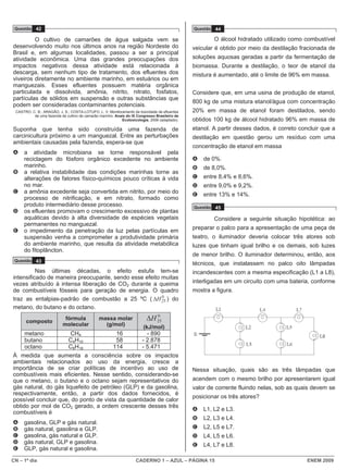 CN – 1º dia CADERNO 1 – AZUL – PÁGINA 15 ENEM 2009
Questão 42
O cultivo de camarões de água salgada vem se
desenvolvendo muito nos últimos anos na região Nordeste do
Brasil e, em algumas localidades, passou a ser a principal
atividade econômica. Uma das grandes preocupações dos
impactos negativos dessa atividade está relacionada à
descarga, sem nenhum tipo de tratamento, dos efluentes dos
viveiros diretamente no ambiente marinho, em estuários ou em
manguezais. Esses efluentes possuem matéria orgânica
particulada e dissolvida, amônia, nitrito, nitrato, fosfatos,
partículas de sólidos em suspensão e outras substâncias que
podem ser consideradas contaminantes potenciais.
CASTRO, C. B.; ARAGÃO, J. S.; COSTA-LOTUFO, L. V. Monitoramento da toxicidade de efluentes
de uma fazenda de cultivo de camarão marinho. Anais do IX Congresso Brasileiro de
Ecotoxicologia, 2006 (adaptado).
Suponha que tenha sido construída uma fazenda de
carcinicultura próximo a um manguezal. Entre as perturbações
ambientais causadas pela fazenda, espera-se que
A a atividade microbiana se torne responsável pela
reciclagem do fósforo orgânico excedente no ambiente
marinho.
B a relativa instabilidade das condições marinhas torne as
alterações de fatores físico-químicos pouco críticas à vida
no mar.
C a amônia excedente seja convertida em nitrito, por meio do
processo de nitrificação, e em nitrato, formado como
produto intermediário desse processo.
D os efluentes promovam o crescimento excessivo de plantas
aquáticas devido à alta diversidade de espécies vegetais
permanentes no manguezal.
E o impedimento da penetração da luz pelas partículas em
suspensão venha a comprometer a produtividade primária
do ambiente marinho, que resulta da atividade metabólica
do fitoplâncton.
Questão 43
Nas últimas décadas, o efeito estufa tem-se
intensificado de maneira preocupante, sendo esse efeito muitas
vezes atribuído à intensa liberação de CO2 durante a queima
de combustíveis fósseis para geração de energia. O quadro
traz as entalpias-padrão de combustão a 25 ºC ( 0
25
H
Δ ) do
metano, do butano e do octano.
composto
fórmula
molecular
massa molar
(g/mol)
0
25
H
Δ
(kJ/mol)
metano CH4 16 - 890
butano C4H10 58 - 2.878
octano C8H18 114 - 5.471
À medida que aumenta a consciência sobre os impactos
ambientais relacionados ao uso da energia, cresce a
importância de se criar políticas de incentivo ao uso de
combustíveis mais eficientes. Nesse sentido, considerando-se
que o metano, o butano e o octano sejam representativos do
gás natural, do gás liquefeito de petróleo (GLP) e da gasolina,
respectivamente, então, a partir dos dados fornecidos, é
possível concluir que, do ponto de vista da quantidade de calor
obtido por mol de CO2 gerado, a ordem crescente desses três
combustíveis é
A gasolina, GLP e gás natural.
B gás natural, gasolina e GLP.
C gasolina, gás natural e GLP.
D gás natural, GLP e gasolina.
E GLP, gás natural e gasolina.
Questão 44
O álcool hidratado utilizado como combustível
veicular é obtido por meio da destilação fracionada de
soluções aquosas geradas a partir da fermentação de
biomassa. Durante a destilação, o teor de etanol da
mistura é aumentado, até o limite de 96% em massa.
Considere que, em uma usina de produção de etanol,
800 kg de uma mistura etanol/água com concentração
20% em massa de etanol foram destilados, sendo
obtidos 100 kg de álcool hidratado 96% em massa de
etanol. A partir desses dados, é correto concluir que a
destilação em questão gerou um resíduo com uma
concentração de etanol em massa
A de 0%.
B de 8,0%.
C entre 8,4% e 8,6%.
D entre 9,0% e 9,2%.
E entre 13% e 14%.
Questão 45
Considere a seguinte situação hipotética: ao
preparar o palco para a apresentação de uma peça de
teatro, o iluminador deveria colocar três atores sob
luzes que tinham igual brilho e os demais, sob luzes
de menor brilho. O iluminador determinou, então, aos
técnicos, que instalassem no palco oito lâmpadas
incandescentes com a mesma especificação (L1 a L8),
interligadas em um circuito com uma bateria, conforme
mostra a figura.
Nessa situação, quais são as três lâmpadas que
acendem com o mesmo brilho por apresentarem igual
valor de corrente fluindo nelas, sob as quais devem se
posicionar os três atores?
A L1, L2 e L3.
B L2, L3 e L4.
C L2, L5 e L7.
D L4, L5 e L6.
E L4, L7 e L8.
 
