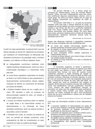 CH – 1º dia CADERNO 1 – AZUL – PÁGINA 24 ENEM 2009
Questão 73
CIATTONI, A. Géographie. L’espace mondial.
Paris: Hatier, 2008 (adaptado).
A partir do mapa apresentado, é possível inferir que nas
últimas décadas do século XX, registraram-se processos
que resultaram em transformações na distribuição das
atividades econômicas e da população sobre o território
brasileiro, com reflexos no PIB por habitante. Assim,
A as desigualdades econômicas existentes entre
regiões brasileiras desapareceram, tendo em vista a
modernização tecnológica e o crescimento vivido
pelo país.
B os novos fluxos migratórios instaurados em direção
ao Norte e ao Centro-Oeste do país prejudicaram o
desenvolvimento socioeconômico dessas regiões,
incapazes de atender ao crescimento da demanda
por postos de trabalho.
C o Sudeste brasileiro deixou de ser a região com o
maior PIB industrial a partir do processo de
desconcentração espacial do setor, em direção a
outras regiões do país.
D o avanço da fronteira econômica sobre os estados
da região Norte e do Centro-Oeste resultou no
desenvolvimento e na introdução de novas
atividades econômicas, tanto nos setores primário e
secundário, como no terciário.
E o Nordeste tem vivido, ao contrário do restante do
país, um período de retração econômica, como
consequência da falta de investimentos no setor
industrial com base na moderna tecnologia.
Questão 74
No período 750-338 a. C., a Grécia antiga era
composta por cidades-Estado, como por exemplo Atenas,
Esparta, Tebas, que eram independentes umas das outras,
mas partilhavam algumas características culturais, como a
língua grega. No centro da Grécia, Delfos era um lugar de
culto religioso frequentado por habitantes de todas as
cidades-Estado.
No período 1200-1600 d. C., na parte da Amazônia
brasileira onde hoje está o Parque Nacional do Xingu, há
vestígios de quinze cidades que eram cercadas por muros de
madeira e que tinham até dois mil e quinhentos habitantes
cada uma. Essas cidades eram ligadas por estradas a
centros cerimoniais com grandes praças. Em torno delas
havia roças, pomares e tanques para a criação de tartarugas.
Aparentemente, epidemias dizimaram grande parte da
população que lá vivia.
Folha de S. Paulo, ago. 2008 (adaptado).
Apesar das diferenças históricas e geográficas existentes
entre as duas civilizações elas são semelhantes pois
A as ruínas das cidades mencionadas atestam que
grandes epidemias dizimaram suas populações.
B as cidades do Xingu desenvolveram a democracia, tal
como foi concebida em Tebas.
C as duas civilizações tinham cidades autônomas e
independentes entre si.
D os povos do Xingu falavam uma mesma língua, tal como
nas cidades-Estado da Grécia.
E as cidades do Xingu dedicavam-se à arte e à filosofia tal
como na Grécia.
Questão 75
O movimento migratório no Brasil é significativo,
principalmente em função do volume de pessoas que saem
de uma região com destino a outras regiões. Um desses
movimentos ficou famoso nos anos 80, quando muitos
nordestinos deixaram a região Nordeste em direção ao
Sudeste do Brasil. Segundo os dados do IBGE de 2000, este
processo continuou crescente no período seguinte, os anos
90, com um acréscimo de 7,6% nas migrações deste mesmo
fluxo. A Pesquisa de Padrão de Vida, feita pelo IBGE, em
1996, aponta que, entre os nordestinos que chegam ao
Sudeste, 48,6% exercem trabalhos manuais não qualificados,
18,5% são trabalhadores manuais qualificados, enquanto
13,5%, embora não sejam trabalhadores manuais, se
encontram em áreas que não exigem formação profissional.
O mesmo estudo indica também que esses migrantes
possuem, em média, condição de vida e nível educacional
acima dos de seus conterrâneos e abaixo dos de cidadãos
estáveis do Sudeste.
Disponível em: http://www.ibge.gov.br. Acesso em: 30 jul. 2009 (adaptado).
Com base nas informações contidas no texto, depreende-se
que
A o processo migratório foi desencadeado por ações de
governo para viabilizar a produção industrial no Sudeste.
B os governos estaduais do Sudeste priorizaram a
qualificação da mão-de-obra migrante.
C o processo de migração para o Sudeste contribui para o
fenômeno conhecido como inchaço urbano.
D as migrações para o sudeste desencadearam a valorização
do trabalho manual, sobretudo na década de 80.
E a falta de especialização dos migrantes é positiva para
os empregadores, pois significa maior versatilidade
profissional.
 
