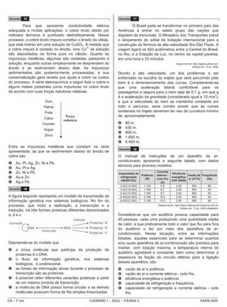 CN – 1º dia CADERNO 1 – AZUL – PÁGINA 5 ENEM 2009
Questão 15
Para que apresente condutividade elétrica
adequada a muitas aplicações, o cobre bruto obtido por
métodos térmicos é purificado eletroliticamente. Nesse
processo, o cobre bruto impuro constitui o ânodo da célula,
que está imerso em uma solução de CuSO4. À medida que
o cobre impuro é oxidado no ânodo, íons Cu2+
da solução
são depositados na forma pura no cátodo. Quanto às
impurezas metálicas, algumas são oxidadas, passando à
solução, enquanto outras simplesmente se desprendem do
ânodo e se sedimentam abaixo dele. As impurezas
sedimentadas são posteriormente processadas, e sua
comercialização gera receita que ajuda a cobrir os custos
do processo. A série eletroquímica a seguir lista o cobre e
alguns metais presentes como impurezas no cobre bruto
de acordo com suas forças redutoras relativas.
Entre as impurezas metálicas que constam na série
apresentada, as que se sedimentam abaixo do ânodo de
cobre são
A Au, Pt, Ag, Zn, Ni e Pb.
B Au, Pt e Ag.
C Zn, Ni e Pb.
D Au e Zn.
E Ag e Pb.
Questão 16
A figura seguinte representa um modelo de transmissão da
informação genética nos sistemas biológicos. No fim do
processo, que inclui a replicação, a transcrição e a
tradução, há três formas proteicas diferentes denominadas
a, b e c.
Depreende-se do modelo que
A a única molécula que participa da produção de
proteínas é o DNA.
B o fluxo de informação genética, nos sistemas
biológicos, é unidirecional.
C as fontes de informação ativas durante o processo de
transcrição são as proteínas.
D é possível obter diferentes variantes proteicas a partir
de um mesmo produto de transcrição.
E a molécula de DNA possui forma circular e as demais
moléculas possuem forma de fita simples linearizadas.
Questão 17
O Brasil pode se transformar no primeiro país das
Américas a entrar no seleto grupo das nações que
dispõem de trens-bala. O Ministério dos Transportes prevê
o lançamento do edital de licitação internacional para a
construção da ferrovia de alta velocidade Rio-São Paulo. A
viagem ligará os 403 quilômetros entre a Central do Brasil,
no Rio, e a Estação da Luz, no centro da capital paulista,
em uma hora e 25 minutos.
Disponível em: http://oglobo.globo.com.
Acesso em: 14 jul. 2009.
Devido à alta velocidade, um dos problemas a ser
enfrentado na escolha do trajeto que será percorrido pelo
trem é o dimensionamento das curvas. Considerando-se
que uma aceleração lateral confortável para os
passageiros e segura para o trem seja de 0,1 g, em que g
é a aceleração da gravidade (considerada igual a 10 m/s2
),
e que a velocidade do trem se mantenha constante em
todo o percurso, seria correto prever que as curvas
existentes no trajeto deveriam ter raio de curvatura mínimo
de, aproximadamente,
A 80 m.
B 430 m.
C 800 m.
D 1.600 m.
E 6.400 m.
Questão 18
O manual de instruções de um aparelho de ar-
condicionado apresenta a seguinte tabela, com dados
técnicos para diversos modelos:
Capacidade de
refrigeração
kW/(BTU/h)
Potência
(W)
Corrente
elétrica -
ciclo frio
(A)
Eficiência
energética
COP (W/W)
Vazão de
ar (m
3
/h)
Frequência
(Hz)
3,52/(12.000) 1.193 5,8 2,95 550 60
5,42/(18.000) 1.790 8,7 2,95 800 60
5,42/(18.000) 1.790 8,7 2,95 800 60
6,45/(22.000) 2.188 10,2 2,95 960 60
6,45/(22.000) 2.188 10,2 2,95 960 60
Disponível em: http://www.institucional.brastemp.com.br.
Acesso em: 13 jul. 2009 (adaptado).
Considere-se que um auditório possua capacidade para
40 pessoas, cada uma produzindo uma quantidade média
de calor, e que praticamente todo o calor que flui para fora
do auditório o faz por meio dos aparelhos de ar-
condicionado. Nessa situação, entre as informações
listadas, aquelas essenciais para se determinar quantos
e/ou quais aparelhos de ar-condicionado são precisos para
manter, com lotação máxima, a temperatura interna do
auditório agradável e constante, bem como determinar a
espessura da fiação do circuito elétrico para a ligação
desses aparelhos, são
A vazão de ar e potência.
B vazão de ar e corrente elétrica - ciclo frio.
C eficiência energética e potência.
D capacidade de refrigeração e frequência.
E capacidade de refrigeração e corrente elétrica - ciclo
frio.
 