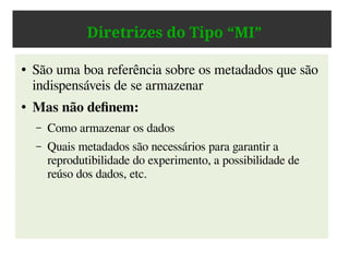 “... because good research
needs good data … ”*
● Quais valores é possível agregar aos experimentosexperimentos?
– Reprodutibilidade
– Possibilidade de meta-análises
* Digital Curation Centre (DCC) – http://www.dcc.ac.uk/
 