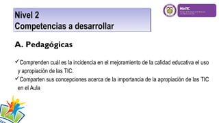 Nivel 2
Nivel 2
Competencias a desarrollar
Competencias a desarrollar
A. Pedagógicas
Comprenden cuál es la incidencia en el mejoramiento de la calidad educativa el uso
y apropiación de las TIC.
Comparten sus concepciones acerca de la importancia de la apropiación de las TIC
en el Aula

 