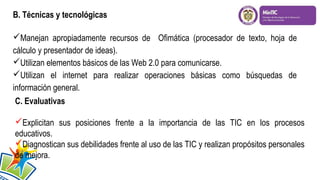 B. Técnicas y tecnológicas
Manejan apropiadamente recursos de Ofimática (procesador de texto, hoja de
cálculo y presentador de ideas).
Utilizan elementos básicos de las Web 2.0 para comunicarse.
Utilizan el internet para realizar operaciones básicas como búsquedas de
información general.
C. Evaluativas
Explicitan sus posiciones frente a la importancia de las TIC en los procesos
educativos.
Diagnostican sus debilidades frente al uso de las TIC y realizan propósitos personales
de mejora.

 