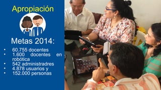 Apropiación

Metas 2014:
•
•
•
•
•

60.755 docentes
1.600 docentes en
robótica
542 administradres
4.878 usuarios y
152.000 personas

 