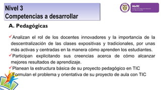 Nivel 3
Nivel 3
Competencias a desarrollar
Competencias a desarrollar
A. Pedagógicas
Analizan el rol de los docentes innovadores y la importancia de la
descentralización de las clases expositivas y tradicionales, por unas
más activas y centradas en la manera cómo aprenden los estudiantes.
Participan explicitando sus creencias acerca de cómo alcanzar
mejores resultados de aprendizaje.
Planean la estructura básica de su proyecto pedagógico en TIC
Formulan el problema y orientativa de su proyecto de aula con TIC

 