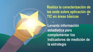 Realiza la caracterización de
las sede sobre aplicación de
TIC en áreas básicas
Levanta información
estadística para
complementar los
indicadores de medición de
la estrategia

 