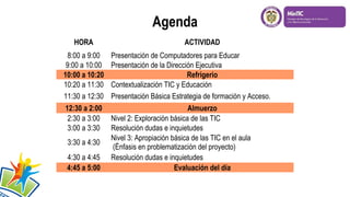 Agenda
HORA

ACTIVIDAD

Presentación del Equipo
Coordinador y equipo de
Gestores de la Entidad
contratista

8:00 a 9:00
9:00 a 10:00
10:00 a 10:20
10:20 a 11:30
11:30 a 12:30

Presentación de Computadores para Educar
Presentación de la Dirección Ejecutiva
Refrigerio
Contextualización TIC y Educación
Presentación Básica Estrategia de formación y Acceso.

12:30 a 2:00
2:30 a 3:00
3:00 a 3:30

Almuerzo
Nivel 2: Exploración básica de las TIC
Resolución dudas e inquietudes
Nivel 3: Apropiación básica de las TIC en el aula
(Énfasis en problematización del proyecto)
Resolución dudas e inquietudes
Evaluación del día

3:30 a 4:30

4:30 a 4:45
4:45 a 5:00

 
