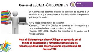 Que es el ESCALAFÓN DOCENTE ?
En Colombia los docentes oficiales se clasifican de acuerdo a un
escalafón en el que se reconocer el tipo de formación, la experiencia
y el tiempo de servicio.
Hay 2 clases de regímenes de escalafón:
•Decreto 2277 de 1979: Clasifica los docentes en 14 categorías y a
cada una de estas le reconoce un salario acorde.
•Decreto 1278 -2002: Clasifica los docentes en 3 grados con 4
niveles salariales

Nota: el diplomado que ofrece CPE que es aprobado por el
comité de capacitación y formación docente solo les
reconoce créditos para ascenso salarial a los docentes del
decreto 2277.

 