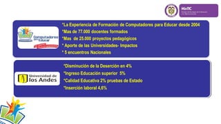 *Disminución de la Deserción en 4%
*Ingreso Educación superior 5%
*Calidad Educativa 2% pruebas de Estado
*Inserción laboral 4,6%

 