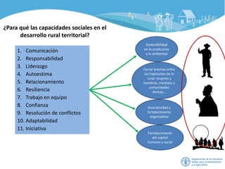 ¿Para qué las capacidades sociales en el
desarrollo rural territorial?
Sostenibilidad
en lo productivo
y lo ambiental
1. Comunicación
2. Responsabilidad
3. Liderazgo
4. Autoestima
5. Relacionamiento
6. Resiliencia
7. Trabajo en equipo
8. Confianza
9. Resolución de conflictos
10. Adaptabilidad
11. Iniciativa
Cerrar brechas entre
los habitantes de lo
rural: mujeres y
hombres, mestizos y
comunidades
étnicas…
Asociatividad y
fortalecimiento
organizativo
Fortalecimiento
del capital
humano y social
 