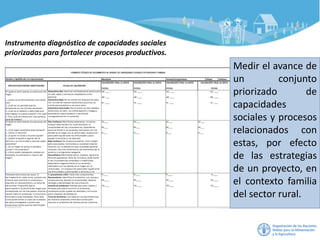 Instrumento diagnóstico de capacidades sociales
priorizadas para fortalecer procesos productivos.
Medir el avance de
un conjunto
priorizado de
capacidades
sociales y procesos
relacionados con
estas, por efecto
de las estrategias
de un proyecto, en
el contexto familia
del sector rural.
 