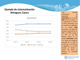 Ejemplo de sistematización
Almaguer, Cauca “Las familias
aumentaron la
capacidad de
Autoestima en su escala
Alta entre las visitas 1 y
2, pasando de un 47% a
un 51%, porcentaje que
se mantuvo en adelante.
En su escala Baja
disminuyó a lo largo del
proyecto, pasando de un
34% a un 29% y luego a
un 27% en las dos
últimas visitas. En su
escala Intermedia subió
a lo largo del proyecto,
pasando de un 19% en
la primera, a un 20% en
la segunda y a un 22%
durante la tercera y
cuarta. Por tanto, se
observa un resultado
positivo”.
 