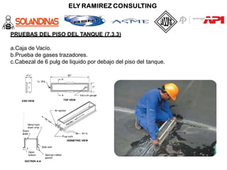 PRUEBAS DEL PISO DEL TANQUE (7.3.3)
a.Caja de Vacío.
b.Prueba de gases trazadores.
c.Cabezal de 6 pulg de liquido por debajo del piso del tanque.
 