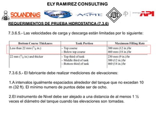 REQUERIMIENTOS DE PRUEBA HIDROSTATICA (7.3.6)
7.3.6.5.- Las velocidades de carga y descarga están limitadas por lo siguiente:
7.3.6.5.- El fabricante debe realizar mediciones de elevaciones:
1.A intervalos igualmente espaciados alrededor del tanque que no excedan 10
m (32 ft). El mínimo numero de puntos debe ser de ocho.
2.El instrumento de Nivel debe ser alejado a una distancia de al menos 1 ½
veces el diámetro del tanque cuando las elevaciones son tomadas.
 