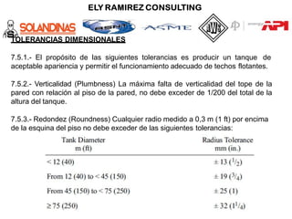 TOLERANCIAS DIMENSIONALES
7.5.1.- El propósito de las siguientes tolerancias es producir un tanque de
aceptable apariencia y permitir el funcionamiento adecuado de techos flotantes.
7.5.2.- Verticalidad (Plumbness) La máxima falta de verticalidad del tope de la
pared con relación al piso de la pared, no debe exceder de 1/200 del total de la
altura del tanque.
7.5.3.- Redondez (Roundness) Cualquier radio medido a 0,3 m (1 ft) por encima
de la esquina del piso no debe exceder de las siguientes tolerancias:
 