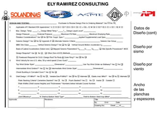 Datos de
Diseño (cont)
Diseño por
sismo
Diseño por
viento
Ancho
de las
planchas
y espesores
 