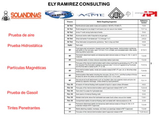 Partículas Magnéticas
Prueba de aire
Prueba Hidrostática
Prueba de Gasoil
Tintes Penetrantes
 