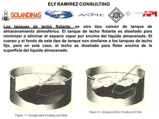 Los tanques de techo flotante: es otro tipo común de tanque de
almacenamiento atmosférico. El tanque de techo flotante es diseñado para
minimizar o eliminar el espacio vapor por encima del líquido almacenado. El
cuerpo y el fondo de este tipo de tanque son similares a los tanques de techo
fijo, pero en este caso, el techo es diseñado para flotar encima de la
superficie del líquido almacenado.
 