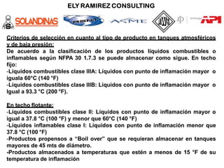 Criterios de selección en cuanto al tipo de producto en tanques atmosféricos
y de baja presión:
De acuerdo a la clasificación de los productos líquidos combustibles o
inflamables según NFPA 30 1.7.3 se puede almacenar como sigue. En techo
fijo:
-Líquidos combustibles clase IIIA: Líquidos con punto de inflamación mayor o
iguala 60°C (140 °F)
-Líquidos combustibles clase IIIB: Líquidos con punto de inflamación mayor o
Igual a 93.3 °C (200 °F).
En techo flotante:
-Líquidos combustibles clase II: Líquidos con punto de inflamación mayor o
igual a 37.8 °C (100 °F) y menor que 60°C (140 °F)
-Líquidos inflamables clase I: Líquidos con punto de inflamación menor que
37.8 °C (100 °F)
-Productos propensos a “Boil over” que se requieran almacenar en tanques
mayores de 45 mts de diámetro.
-Productos almacenados a temperaturas que estén a menos de 15 °F de su
temperatura de inflamación
 