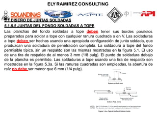 5.1 DISEÑO DE JUNTAS SOLDADAS
5.1.5.5 JUNTAS DEL FONDO SOLDADAS A TOPE
Las planchas del fondo soldadas a tope deben tener sus bordes paralelos
preparados para soldar a tope con cualquier ranura cuadrada o en V. Las soldaduras
a tope deben ser hechas usando una apropiada configuración de junta soldada, que
produzcan una soldadura de penetración completa. La soldadura a tope del fondo
permisible típica, sin un respaldo son las mismas mostradas en la figura 5.1. El uso
de una tira de respaldo de al menos 3 mm (1/8 pulg). El punto de soldadura debajo
de la plancha es permitido. Las soldaduras a tope usando una tira de respaldo son
mostradas en la figura 5.3a. Si las ranuras cuadradas son empleadas, la abertura de
raíz no debe ser menor que 6 mm (1/4 pulg).
 