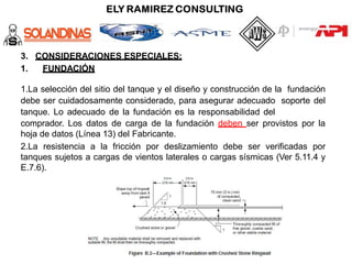 3. CONSIDERACIONES ESPECIALES:
1. FUNDACIÓN
1.La selección del sitio del tanque y el diseño y construcción de la fundación
debe ser cuidadosamente considerado, para asegurar adecuado soporte del
tanque. Lo adecuado de la fundación es la responsabilidad del
comprador. Los datos de carga de la fundación deben ser provistos por la
hoja de datos (Línea 13) del Fabricante.
2.La resistencia a la fricción por deslizamiento debe ser verificadas por
tanques sujetos a cargas de vientos laterales o cargas sísmicas (Ver 5.11.4 y
E.7.6).
 
